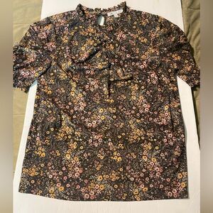 DR2 high neck brown micro floral print short sleeve blouse semi Sheer mesh L